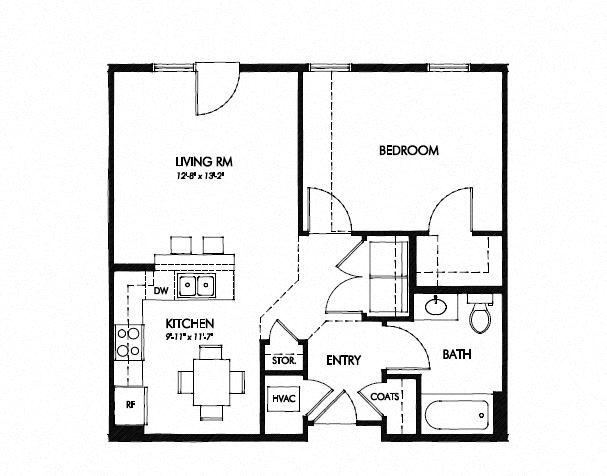 Floor plan for 1 bed, 1 bath, 704 sqft
